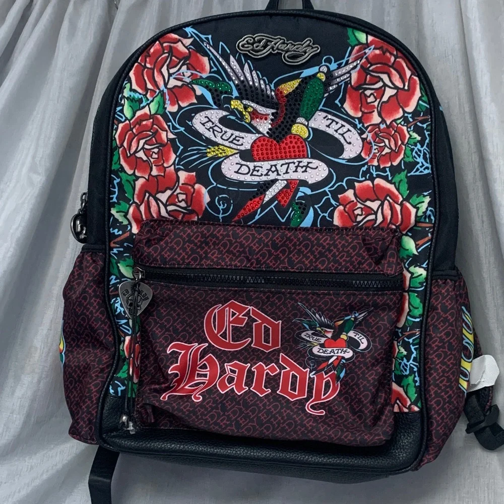 Ed Hardy Black Backpack with Red Roses and Green Accents